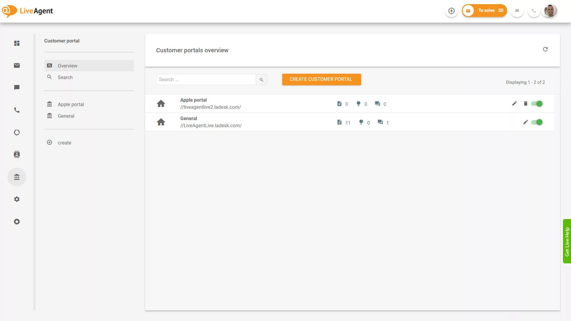 Aperçu des tickets LiveAgent dans l'application