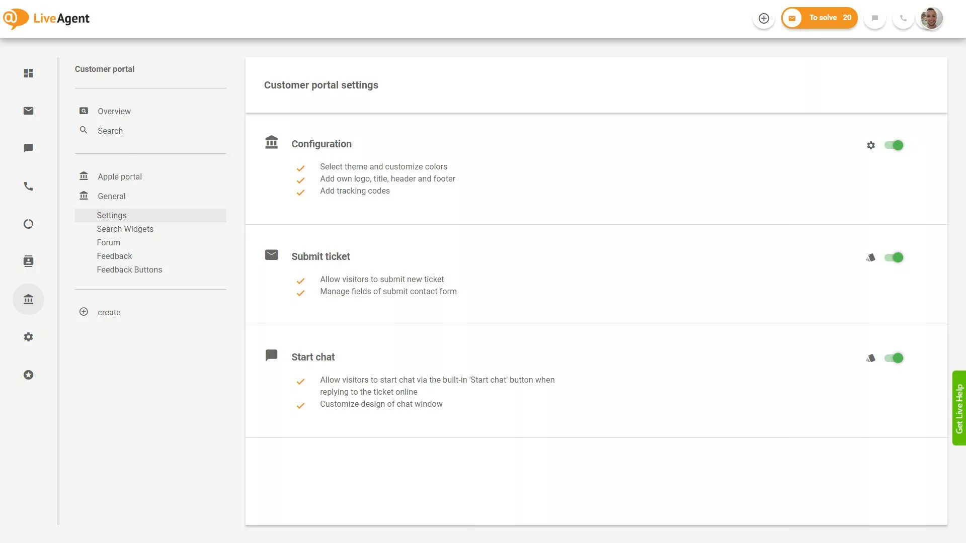 Aperçu des tickets LiveAgent dans l'application