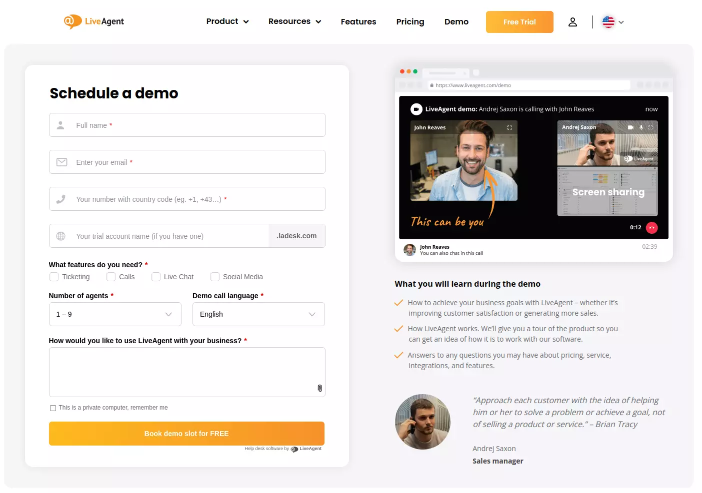 Interface de démonstration LiveAgent
