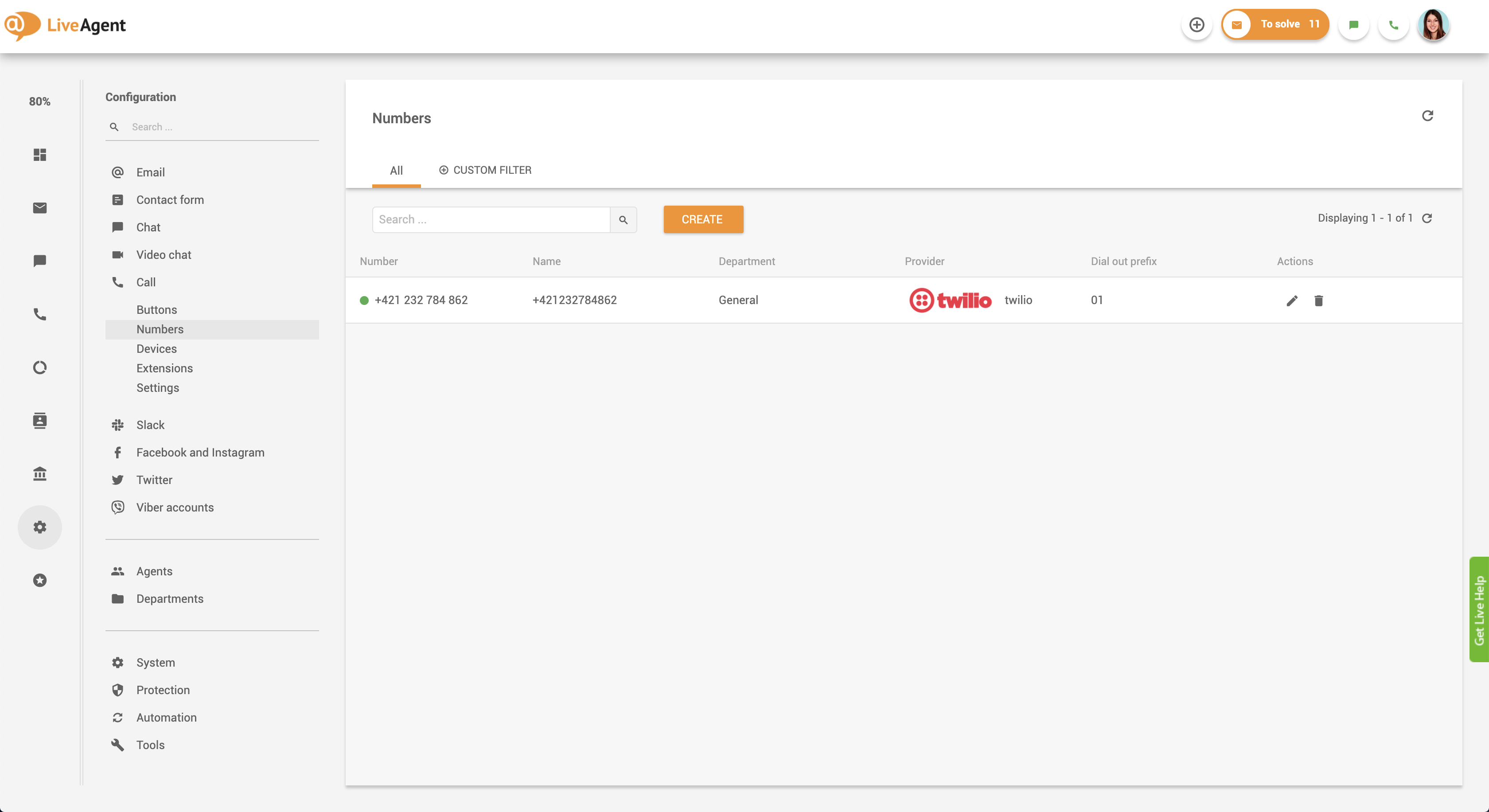 Configuration du rappel dans LiveAgent - connecter le numéro de téléphone