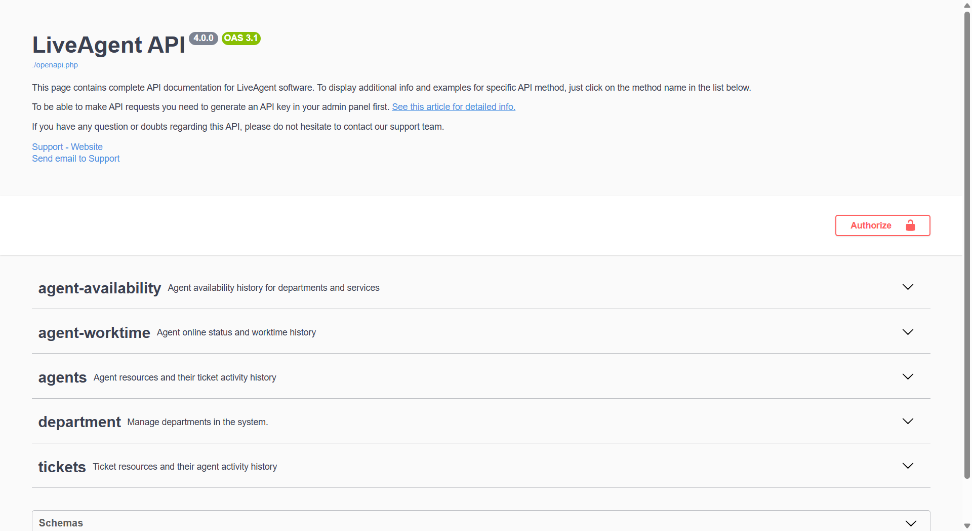 Aperçu de la documentation de l'API v4 de LiveAgent avec les endpoints disponibles