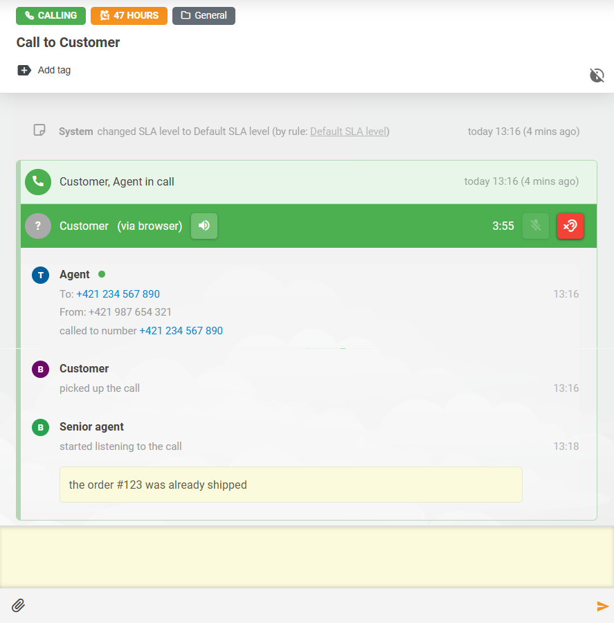 Fonction d'écoute des appels LiveAgent avec interaction par notes entre agents