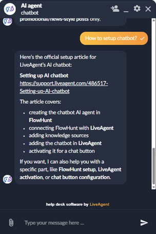 LiveAgent AI Agent chat avec support markdown