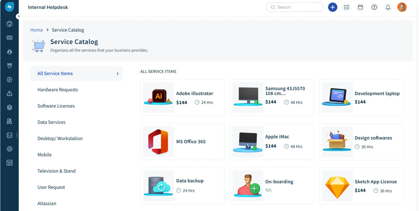 Service desk Freshservice avec liste du catalogue de services