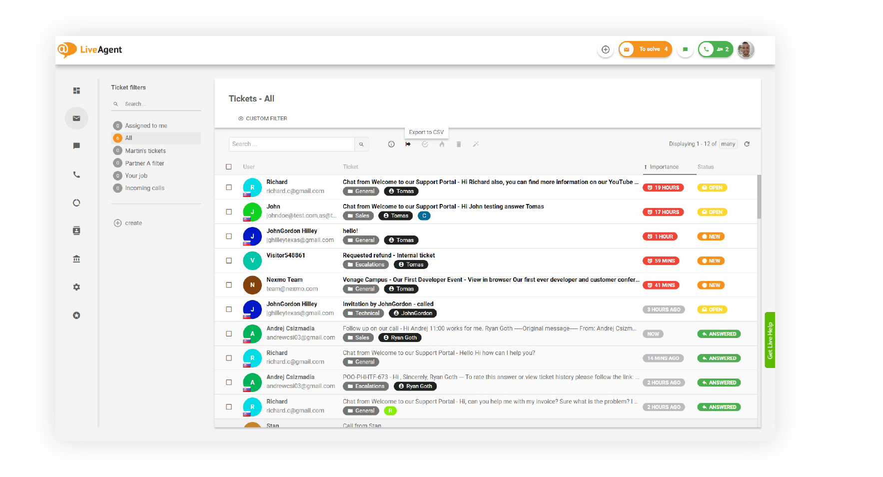 Boîte de réception universelle LiveAgent avec tickets email, chat et appel dans une seule file d'attente