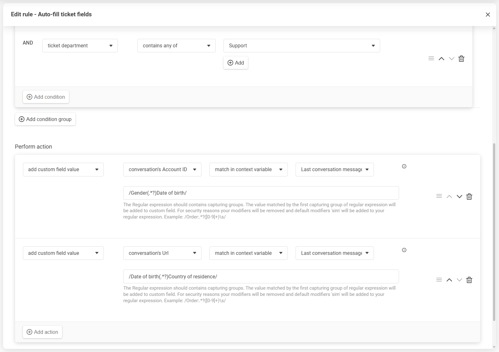 Éditeur de règles LiveAgent avec réorganisation par glisser-déposer des conditions et actions