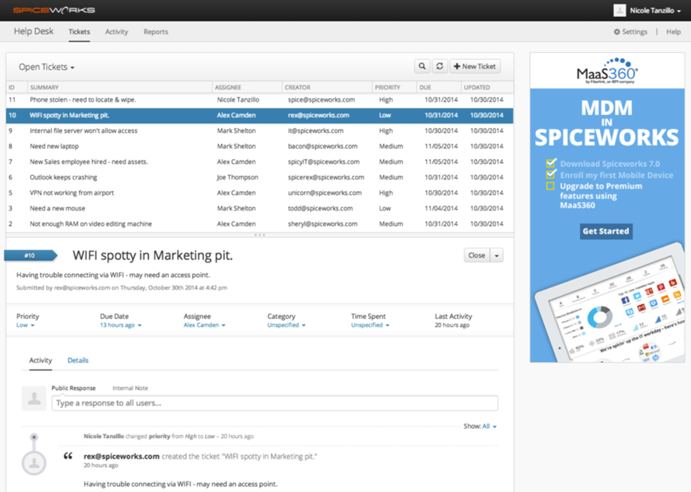 Liste des tickets Spiceworks Cloud Help Desk avec soumissions du portail utilisateur