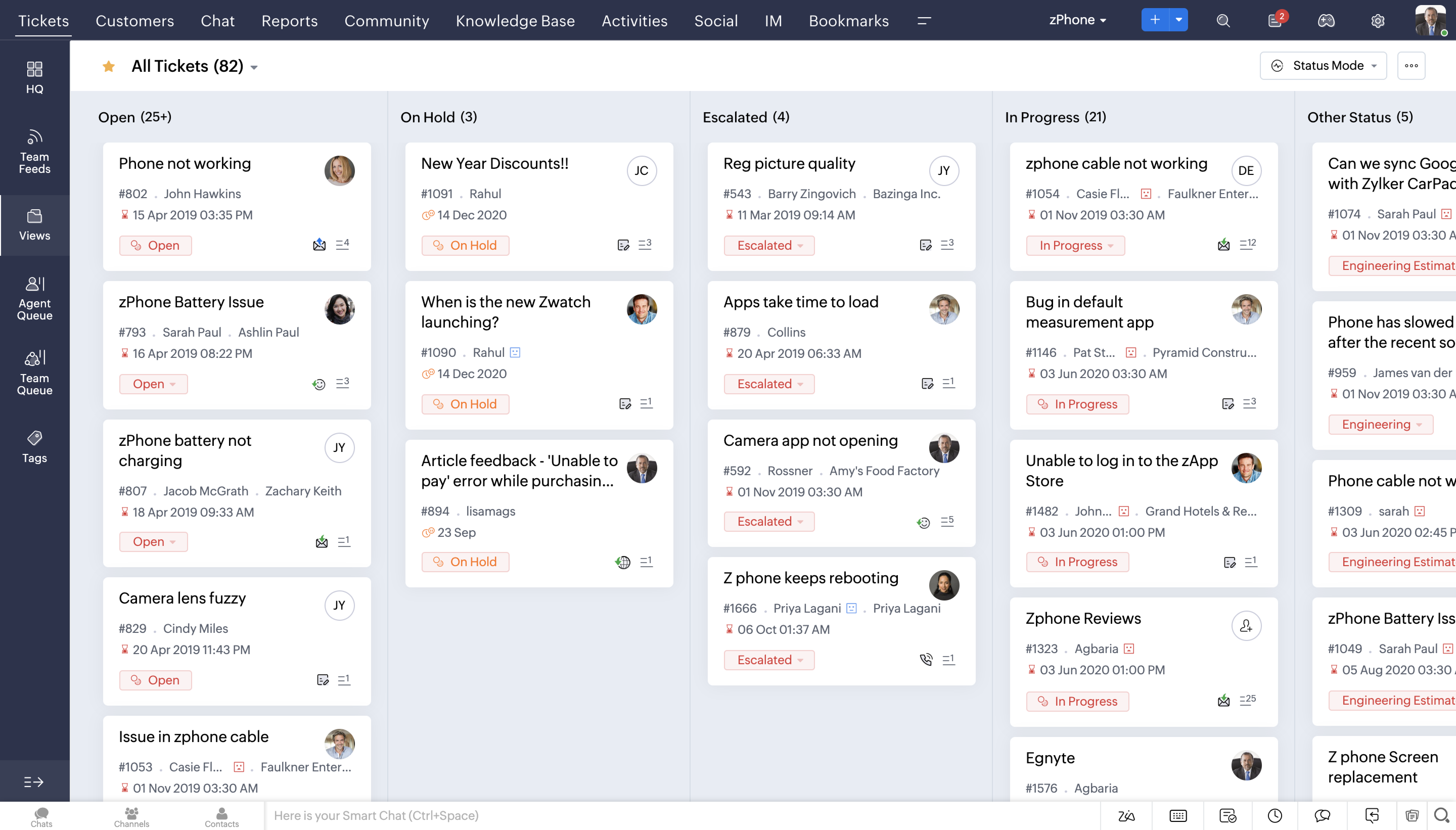 Vue agent Zoho Desk avec file d'attente de tickets revisitée