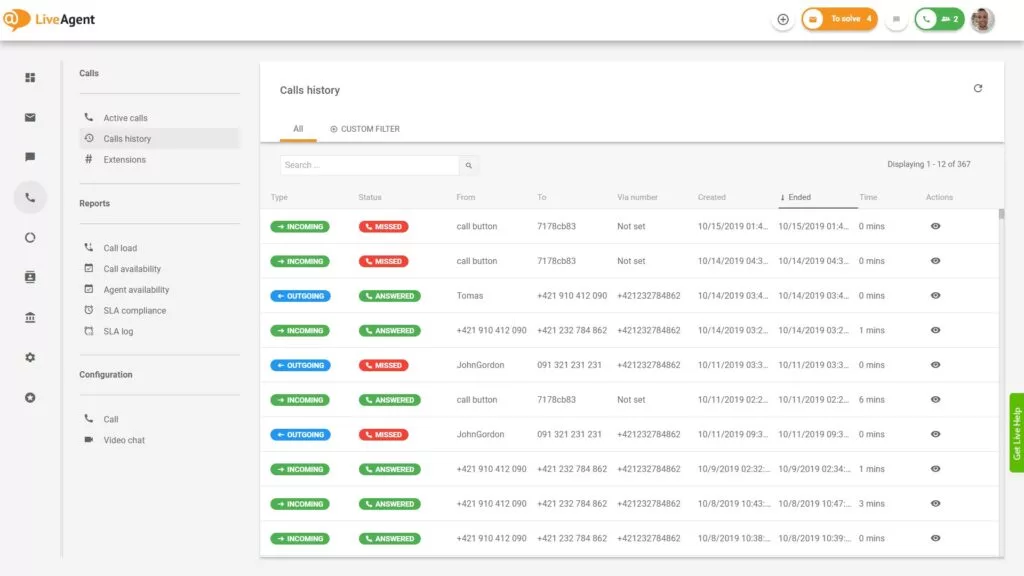 Aperçu de l'interface du centre d'appels dans LiveAgent.