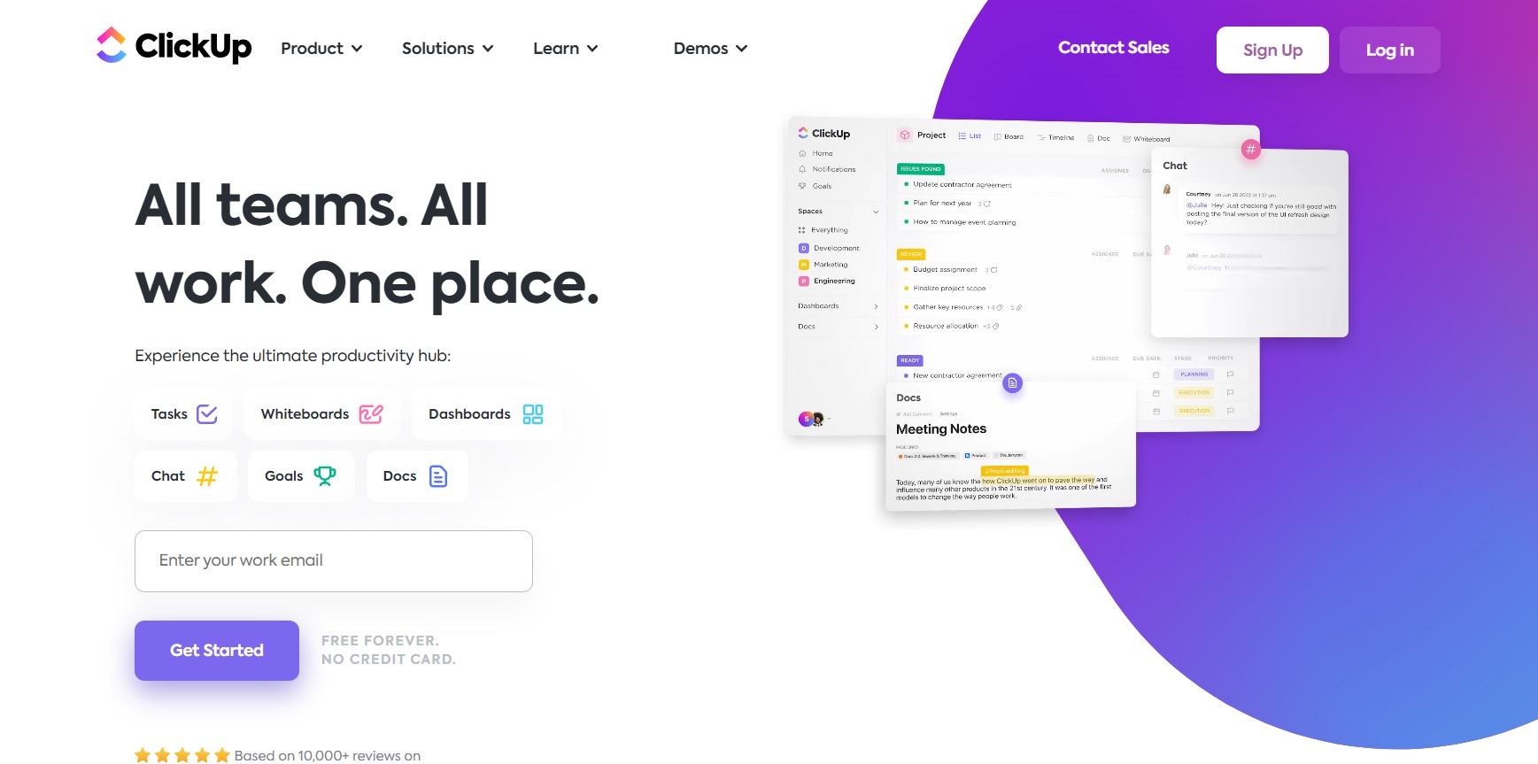 Page d'accueil de ClickUp - planifiez, suivez et gérez facilement vos projets à partir d'un seul endroit.
