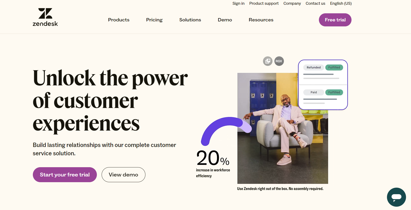 Page d'accueil de Zendesk Suite - logiciel de chat en direct pour le commerce électronique orienté vers les relations