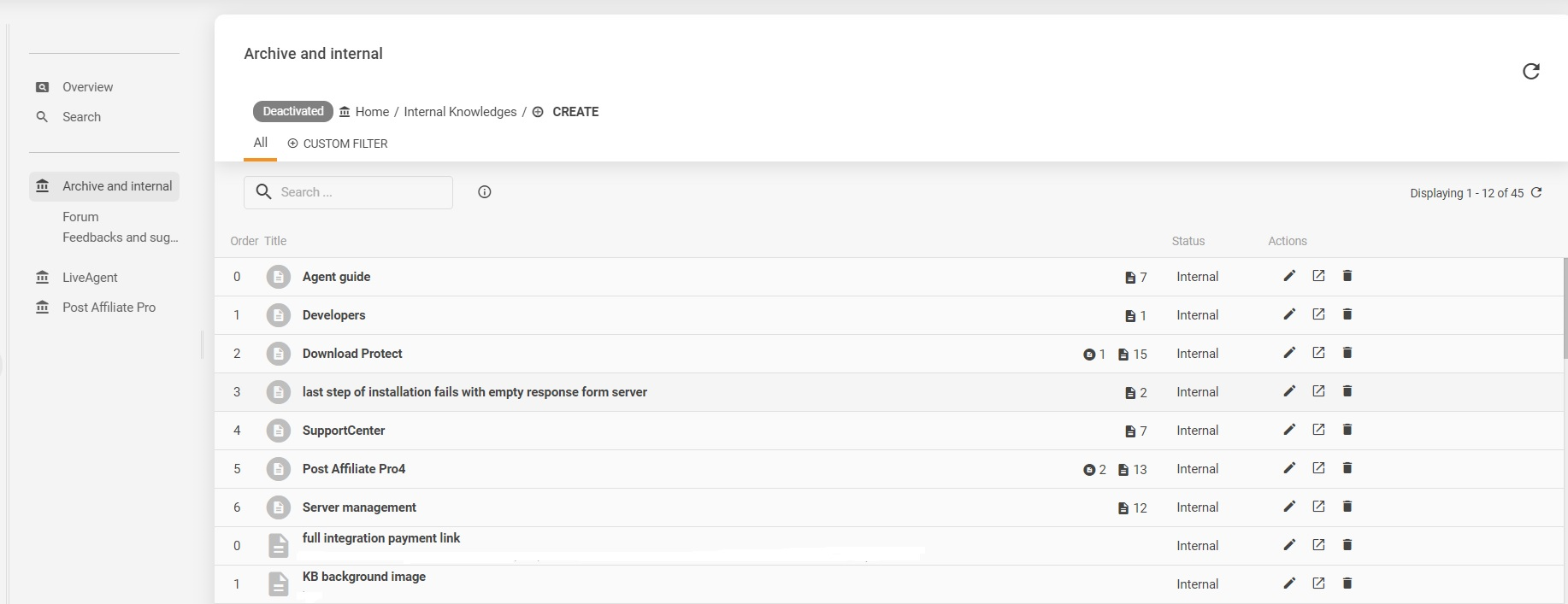 Exemple de la base de connaissances interne de LiveAgent