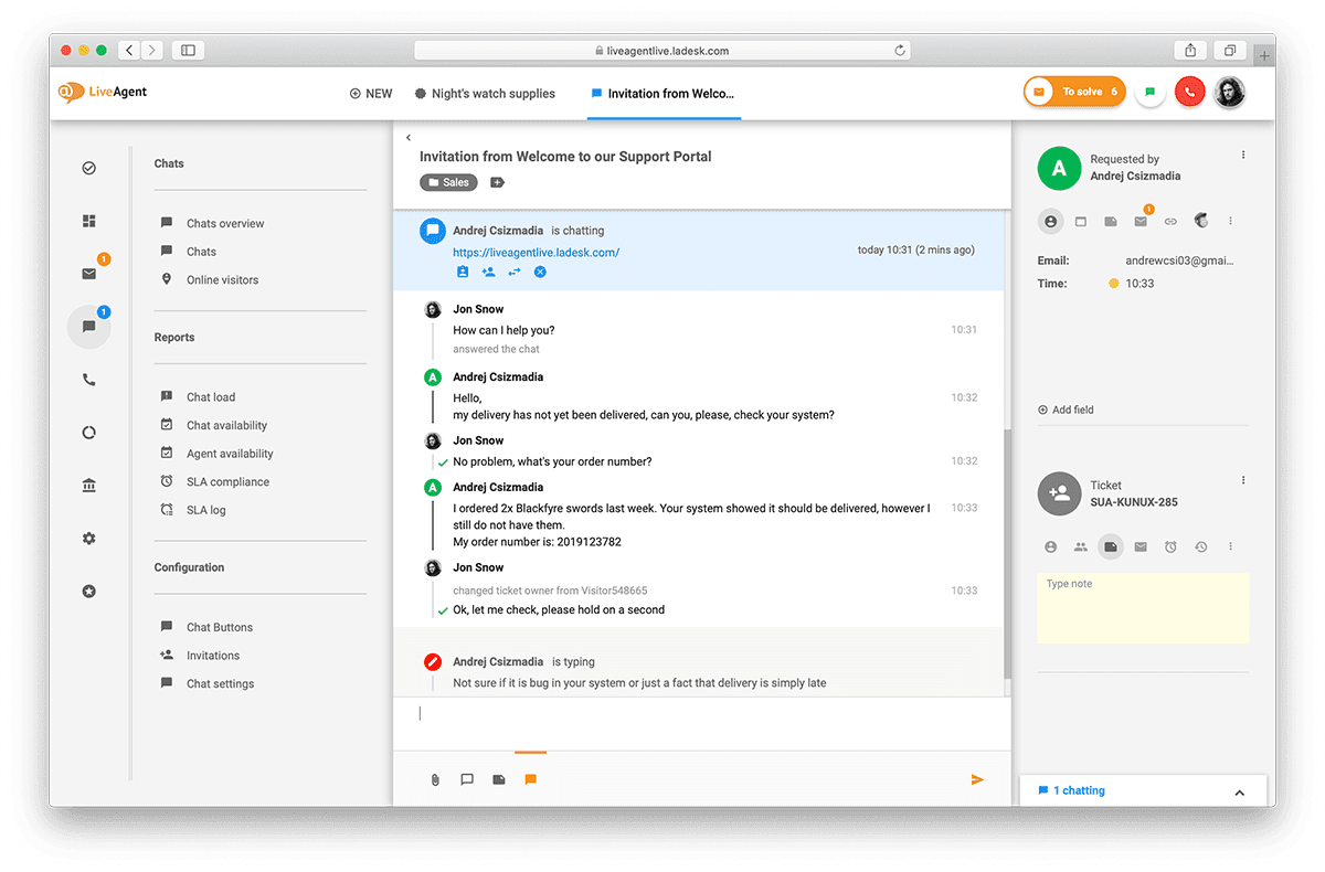 Aperçu de l'interface de chat en direct dans LiveAgent.