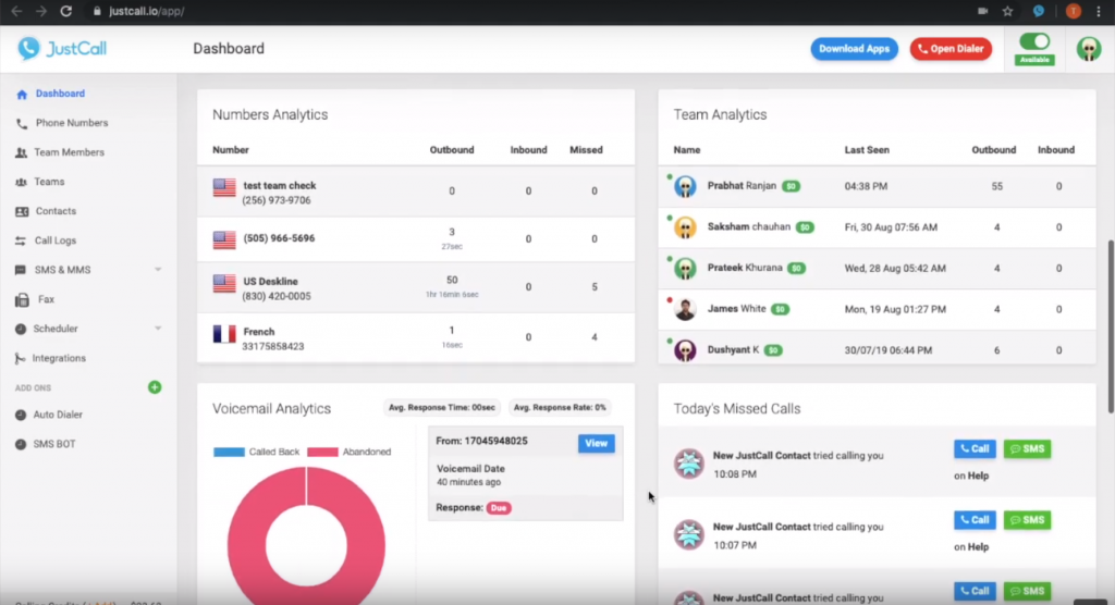 Tableau de bord de JustCall