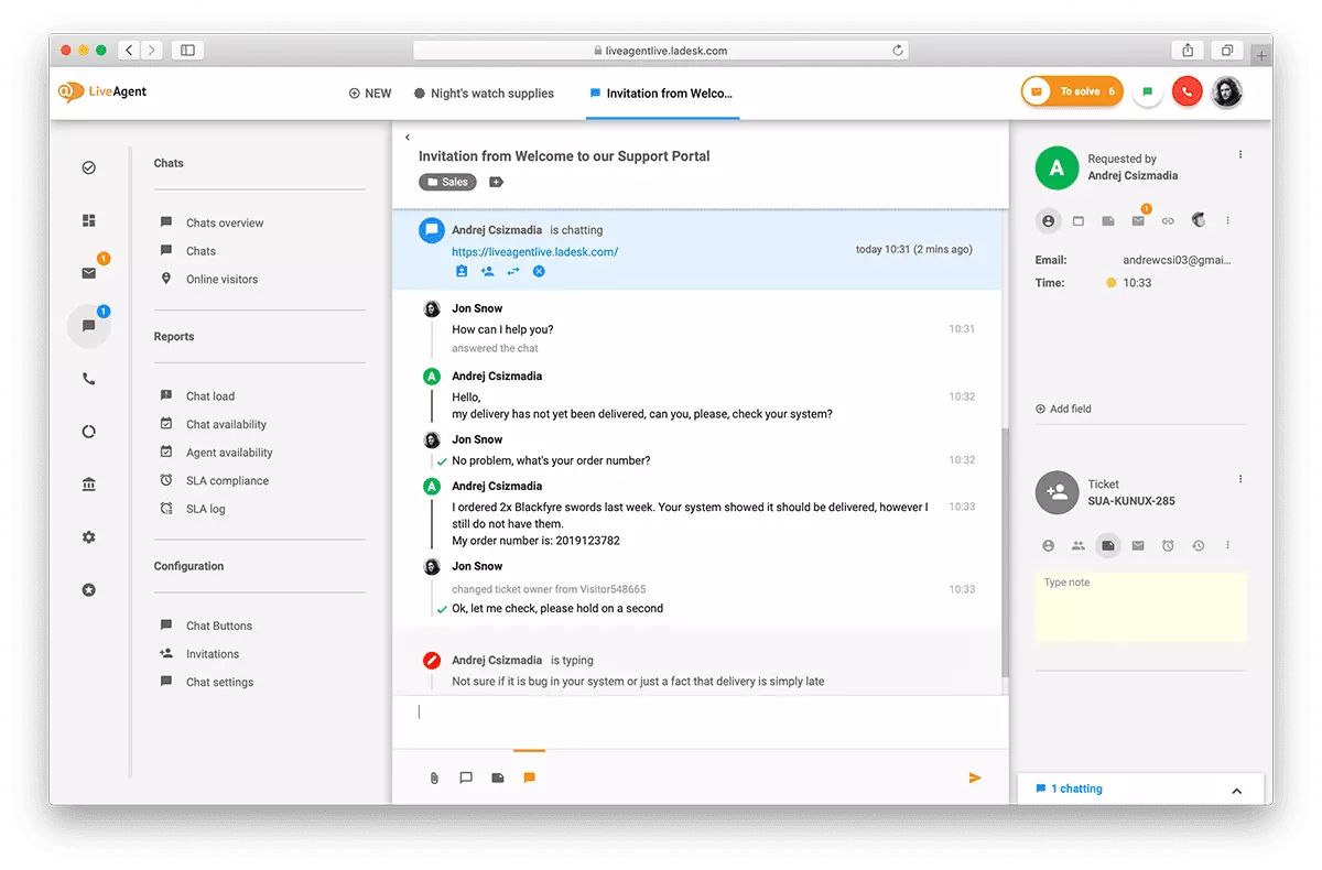 Aperçu de l'interface de chat en direct dans LiveAgent.