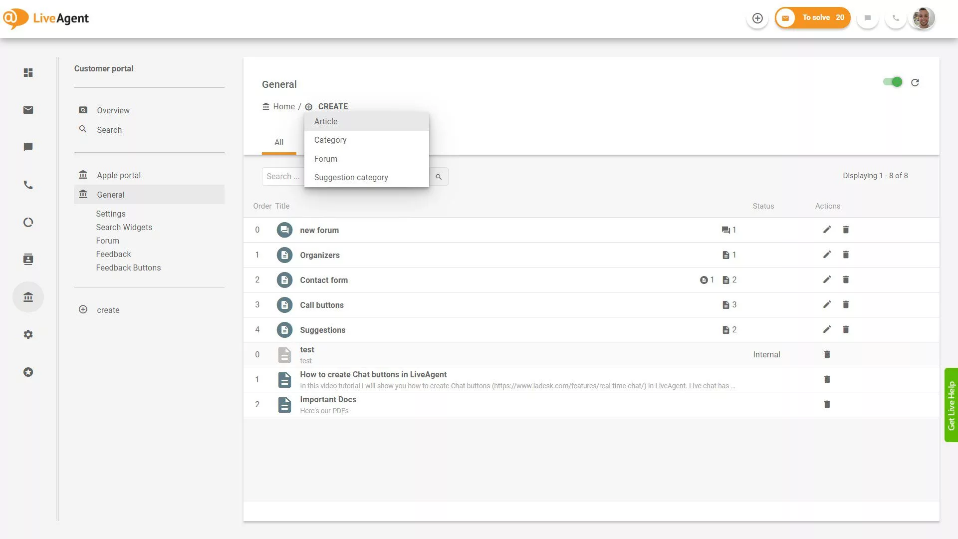 Aperçu des tickets LiveAgent dans l'application