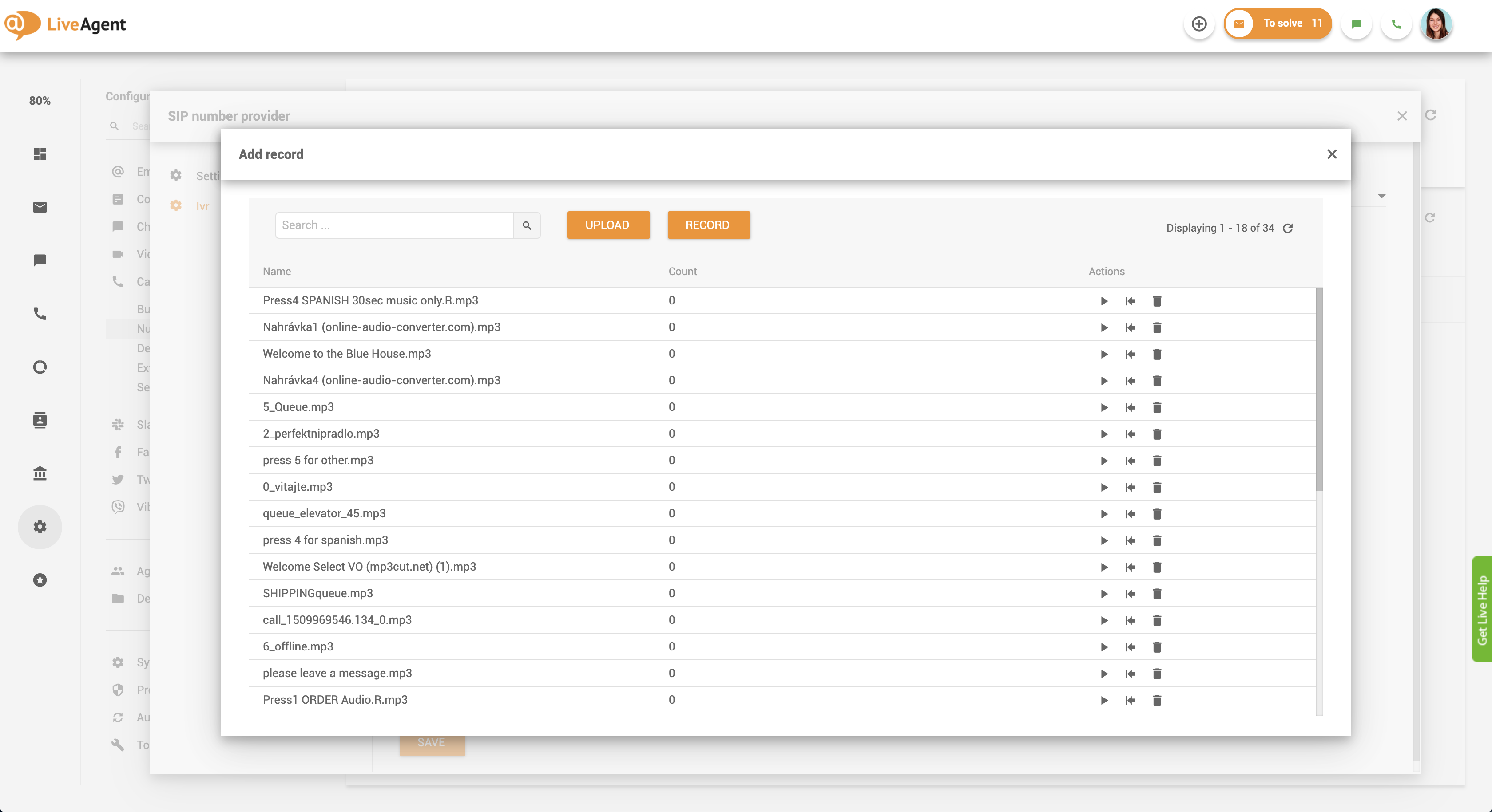 Configuration du rappel - messages SVI dans LiveAgent