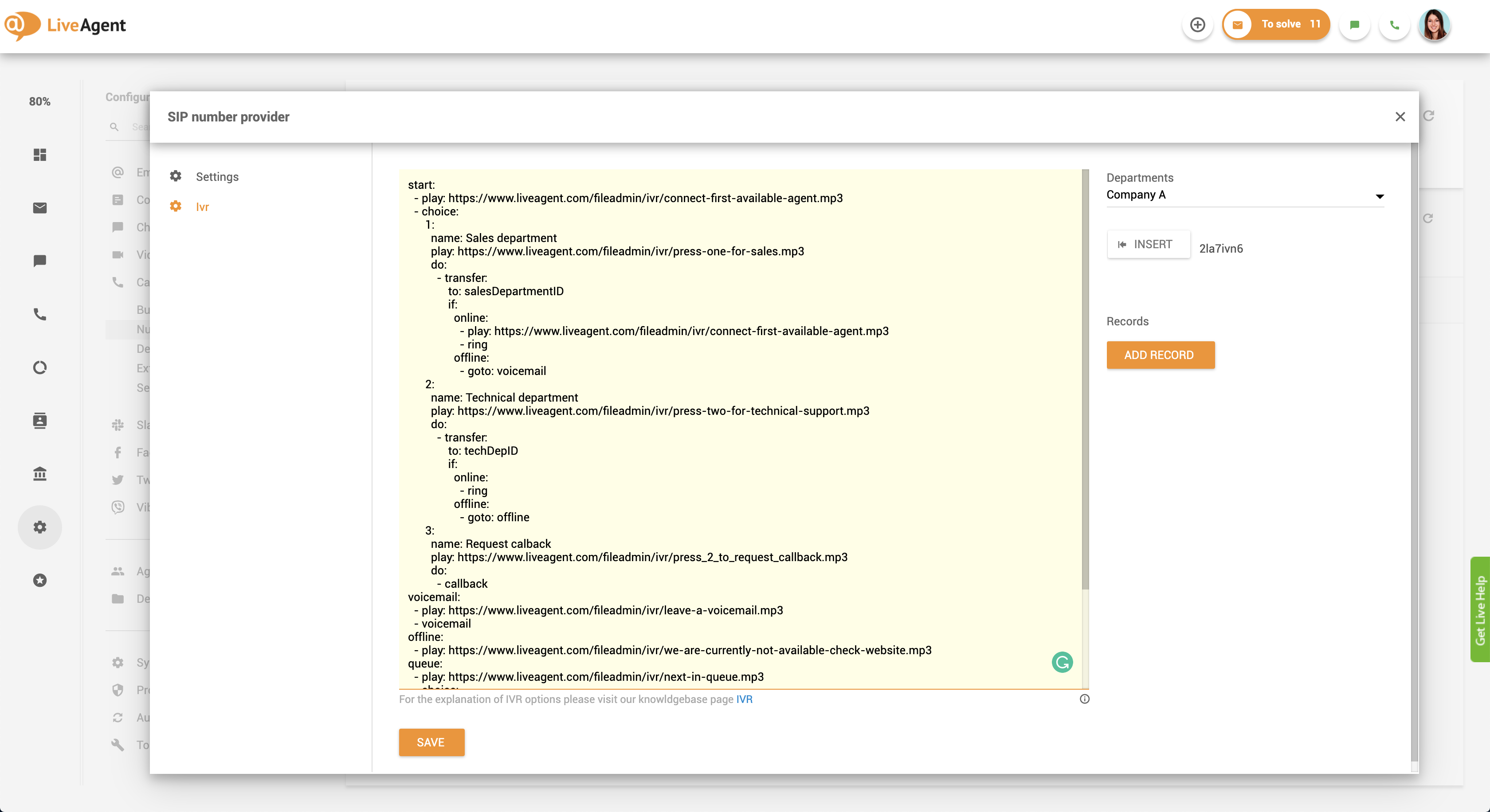 Configuration du rappel - script SVI dans LiveAgent
