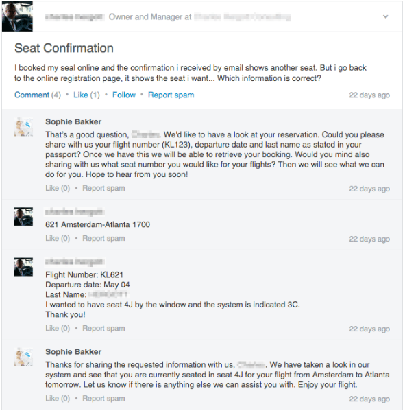 Réponse de KLM Airlines à une question de client sur LinkedIn