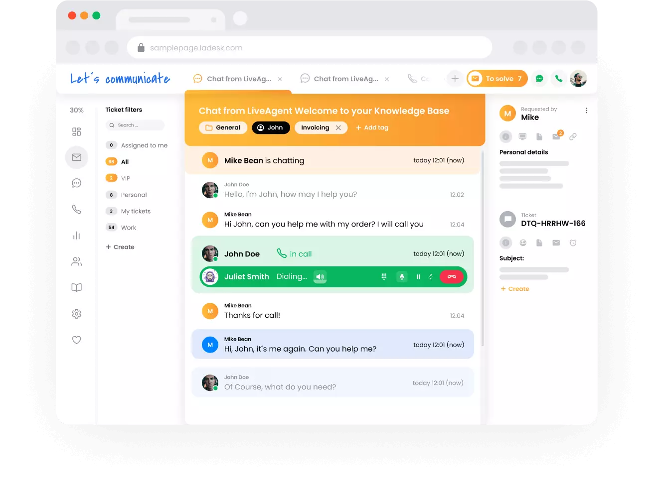 Système de tickets de LiveAgent - vue de l'équipe d'assistance
