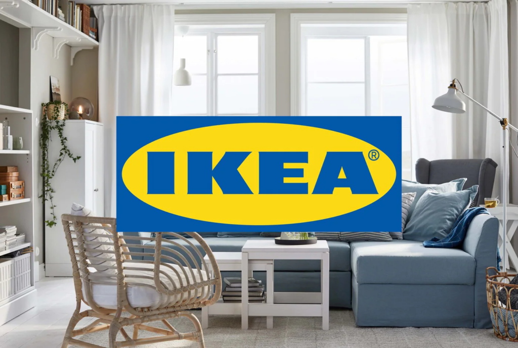 Image du logo d'Ikea montrant également leurs meubles