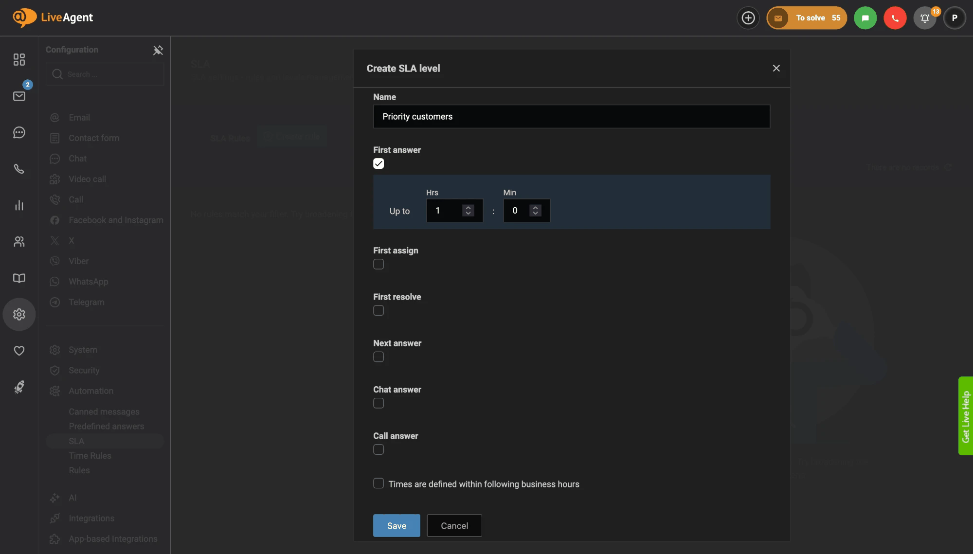 Formulaire de création de niveau SLA dans LiveAgent avec le nom Priority Customers et un délai de première réponse jusqu'à 1 heure
