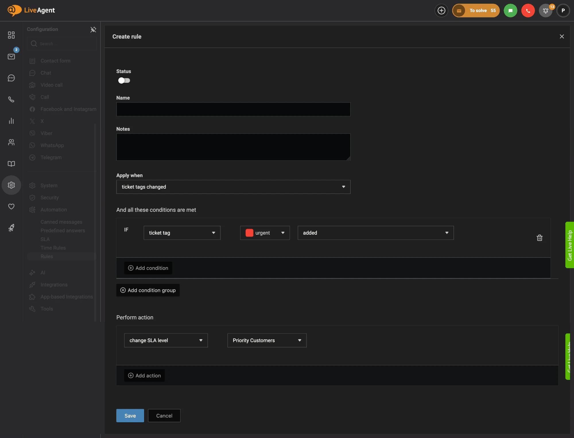 Règle LiveAgent qui change le niveau SLA vers Priority Customers lorsque l'étiquette urgent est ajoutée à un ticket