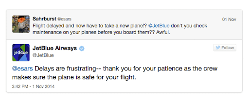 Réponse de JetBlue à un tweet insatisfait d'un client sur Twitter