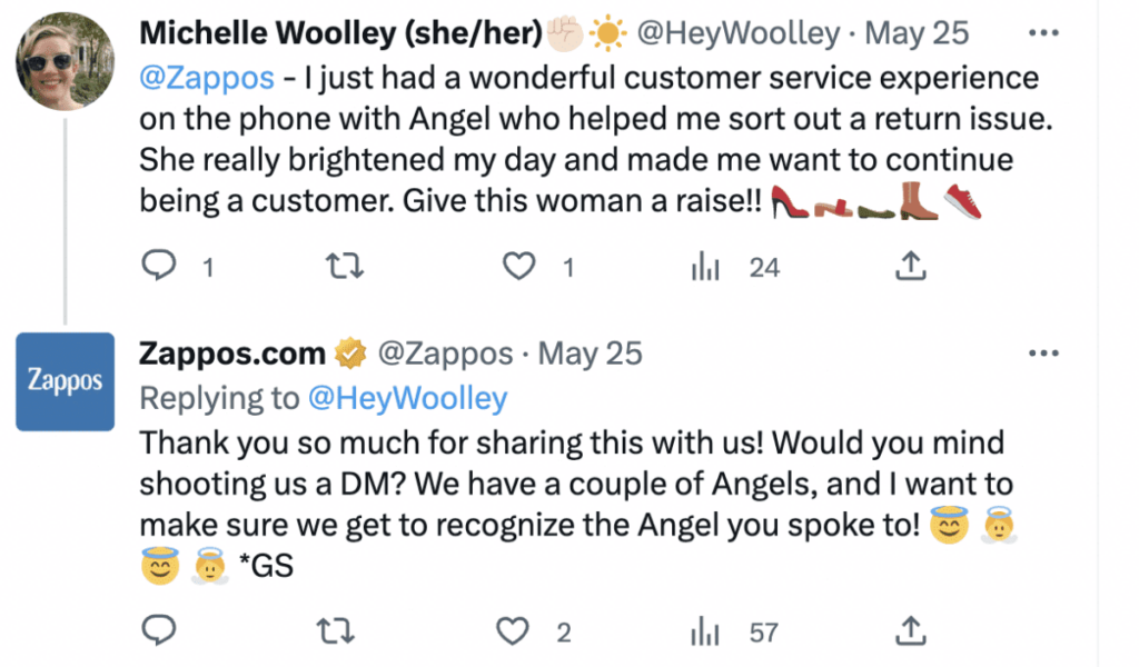 Capture d'écran de la communication Twitter entre Zappos et leur client
