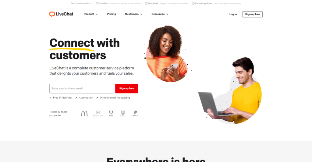 Page d'accueil de LiveChat