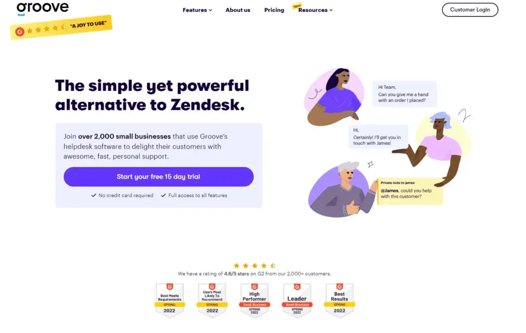 Page d'accueil de Groove - Alternative Zendesk simplifiée pour les petites entreprises
