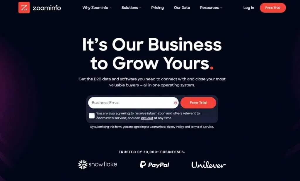 Page d'accueil de ZoomInfo