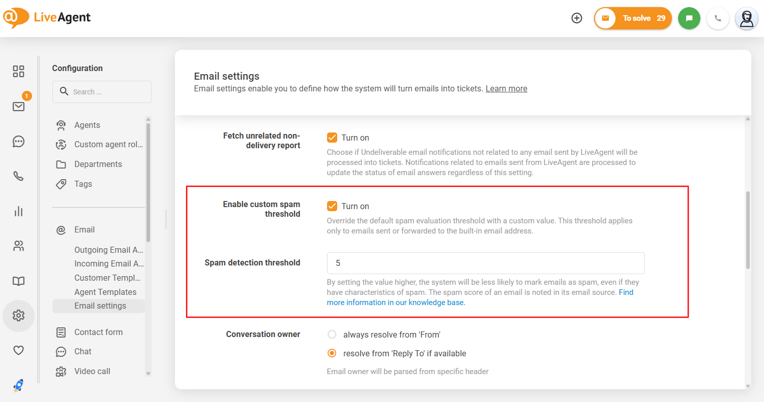 L'interface du seuil de spam personnalisable de LiveAgent