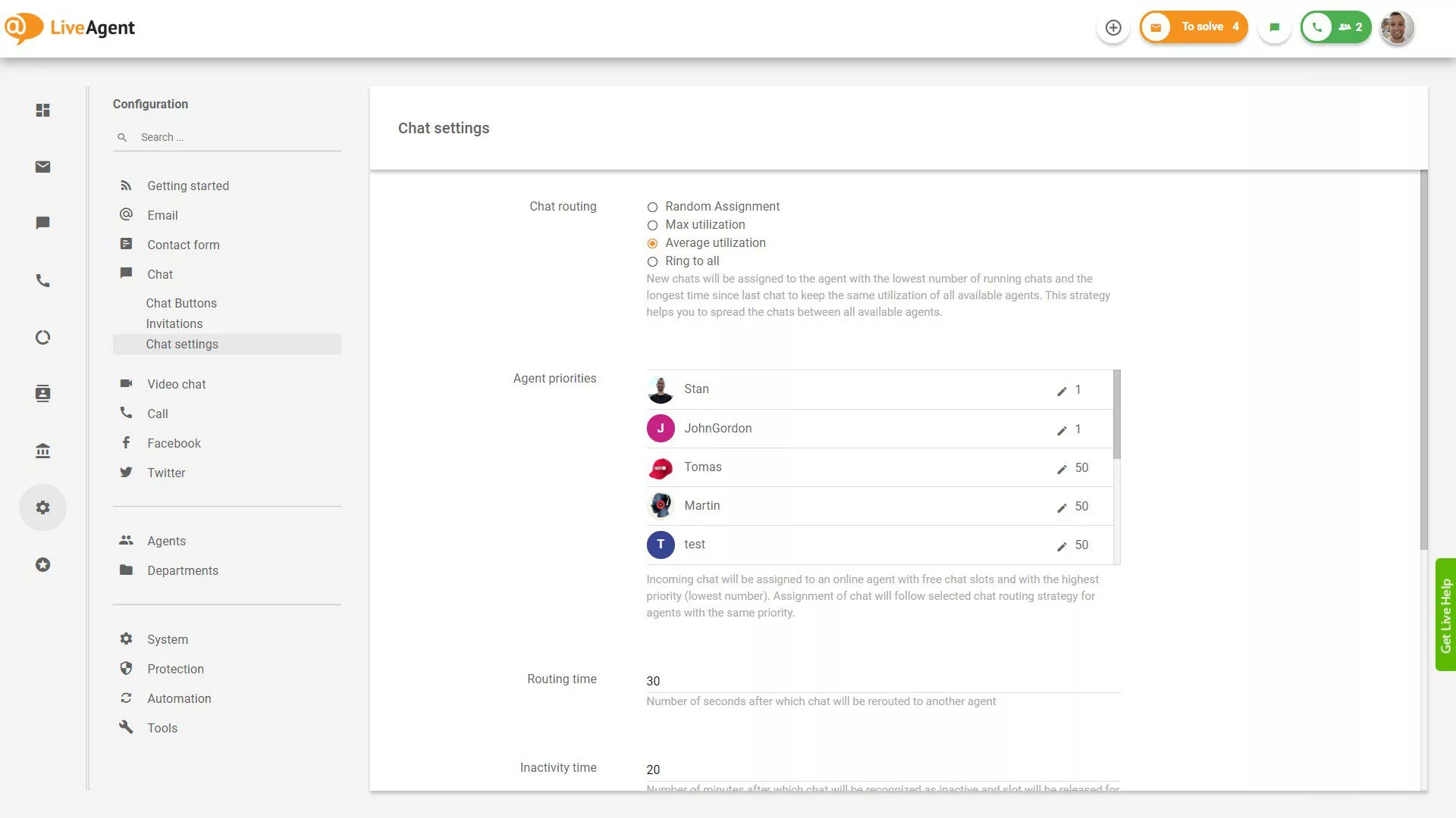 Paramètres de chat de LiveAgent