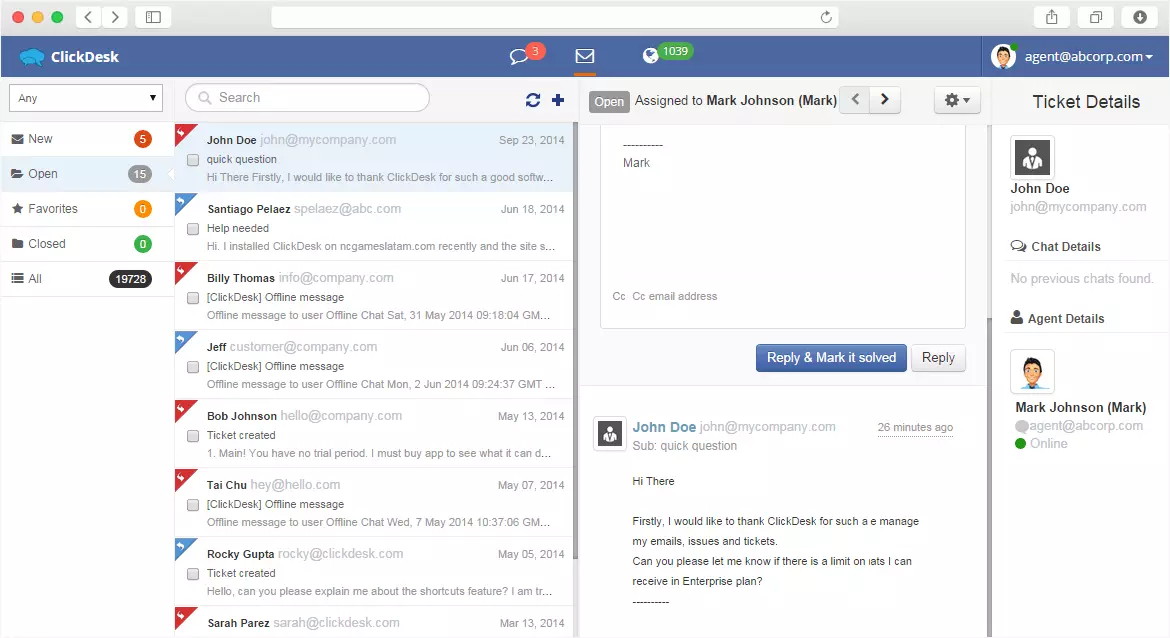 Tableau de bord et chat en direct ClickDesk