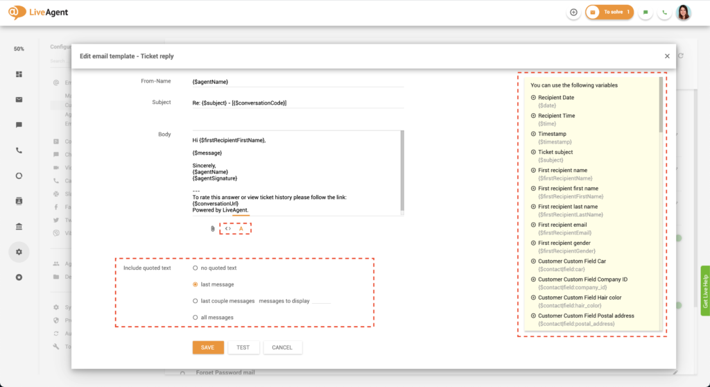 Personnalisation des modèles d'email de LiveAgent