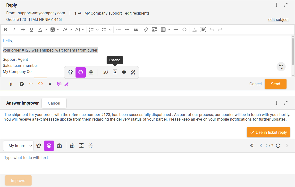 Fonction Étendre de l'améliorateur de réponses IA - aperçu de l'interface