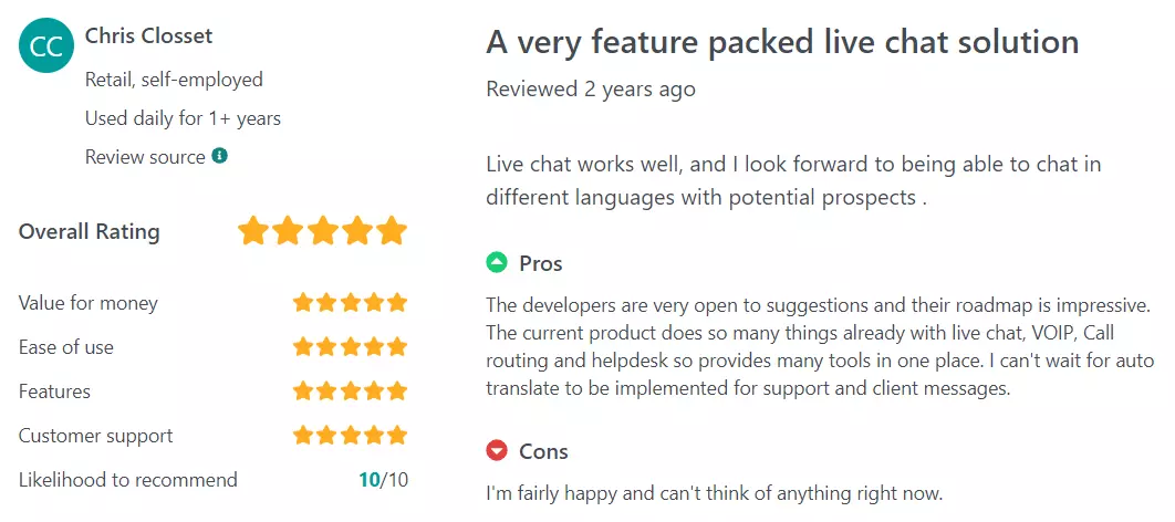 Avis GetApp LiveChat