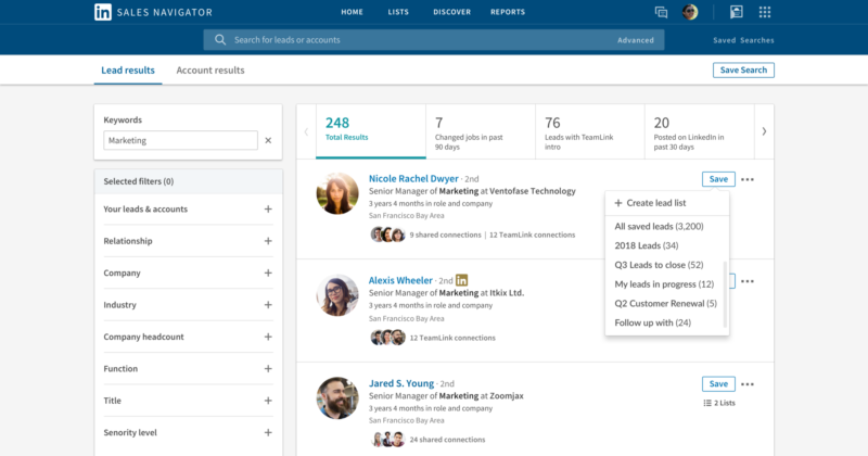 Interface LinkedIn Sales Navigator