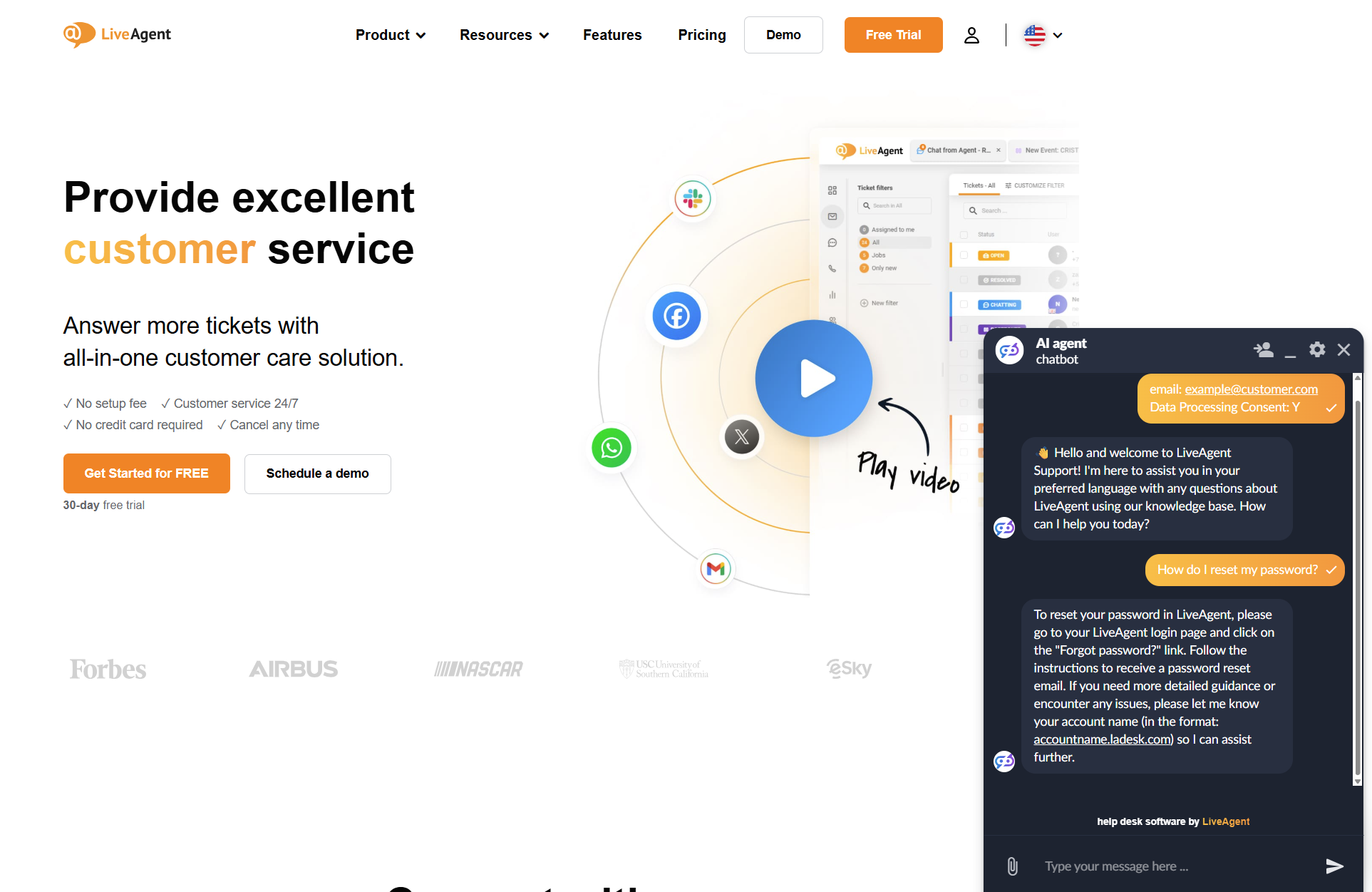 Conversation de chat du chatbot IA de LiveAgent sur la page de LiveAgent