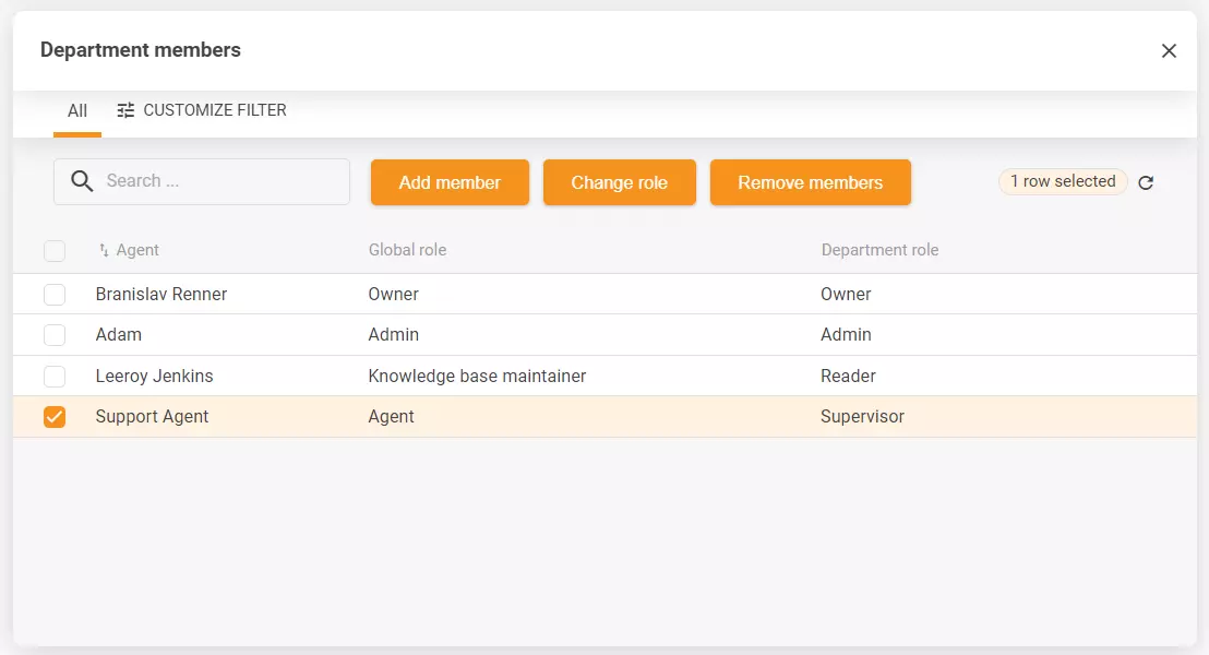 Capture d'écran des paramètres du département incluant plusieurs options de configuration