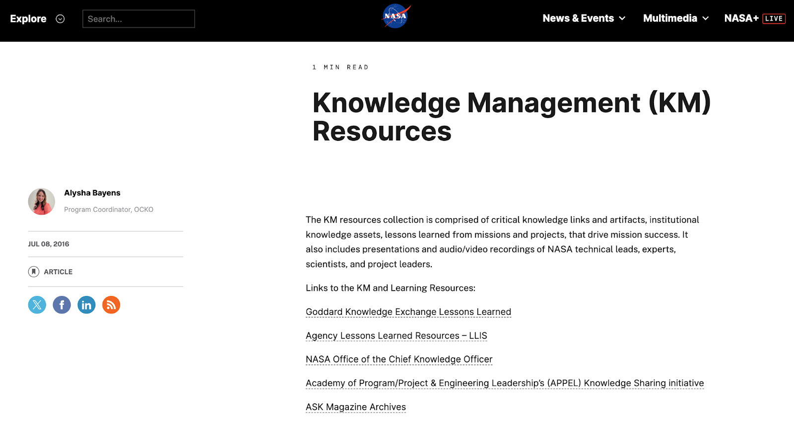 Une capture d'écran des ressources de gestion des connaissances de la NASA