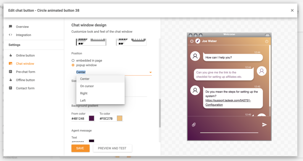 Fonctionnalité de fenêtre contextuelle LiveAgent