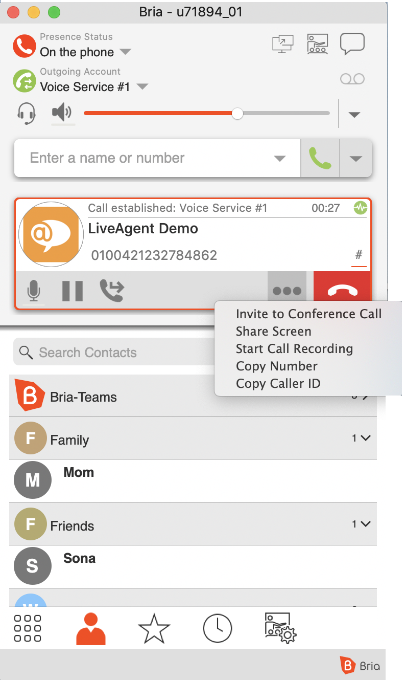 Interface d'appel Softphone Bria