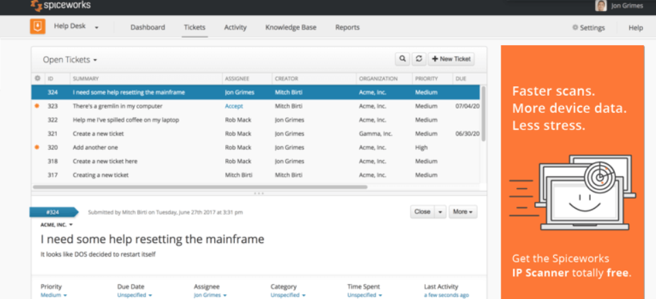 Service de ticketing gratuit Spiceworks