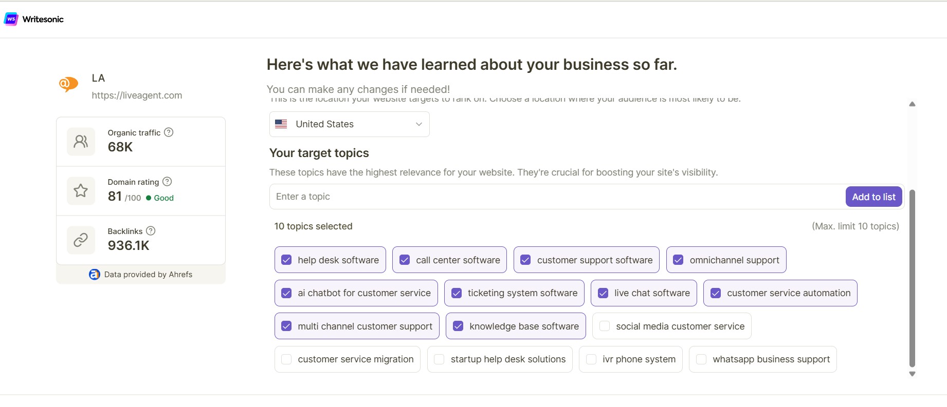 Aperçu de l'audit SEO du site Web Writesonic