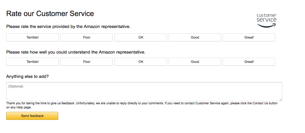 Image du sondage du service client Amazon, affichant plusieurs options de notation.