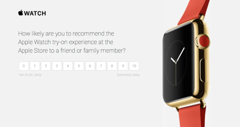 Image du sondage client Apple, montrant plusieurs options pour évaluer l'expérience du produit Apple Watch.