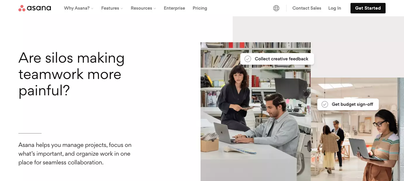 Page d'accueil d'Asana - améliorez l'efficacité de votre organisation en améliorant la collaboration d'équipe, en organisant le travail et en maintenant la transparence.
