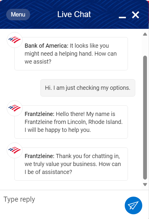 Exemple de chat en direct de Bank of America